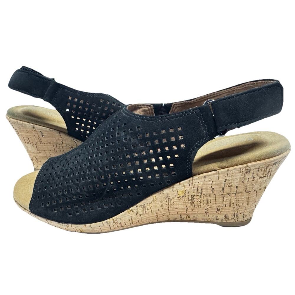 Rockport Slingback Sandals Womens 8.5 Wedge Shoes Black Leather Comfort Heels